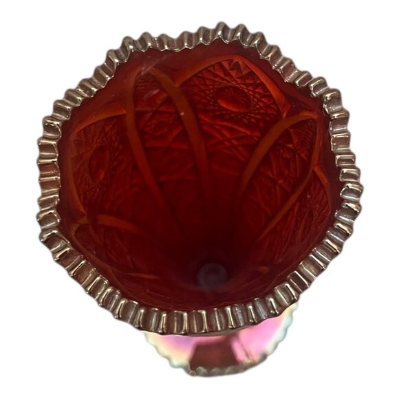Vintage Imperial Glass Red Carnival Hobstar Iridescent Trumpet Vase - Picture 4 of 6